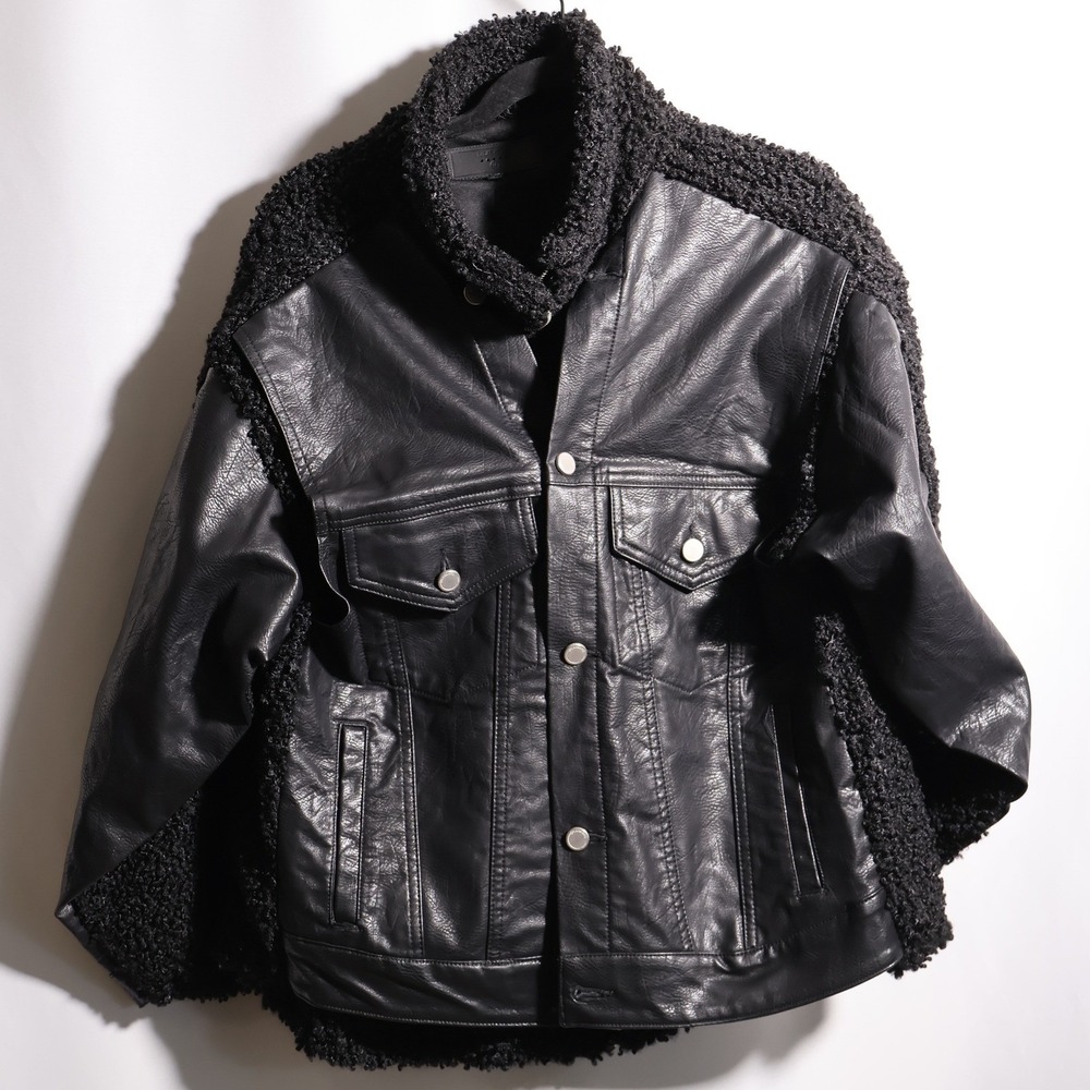 BLANKNYC Womens Black Faux Leather Sherpa Mixed Media Moto Jacket Edgy Baddie S